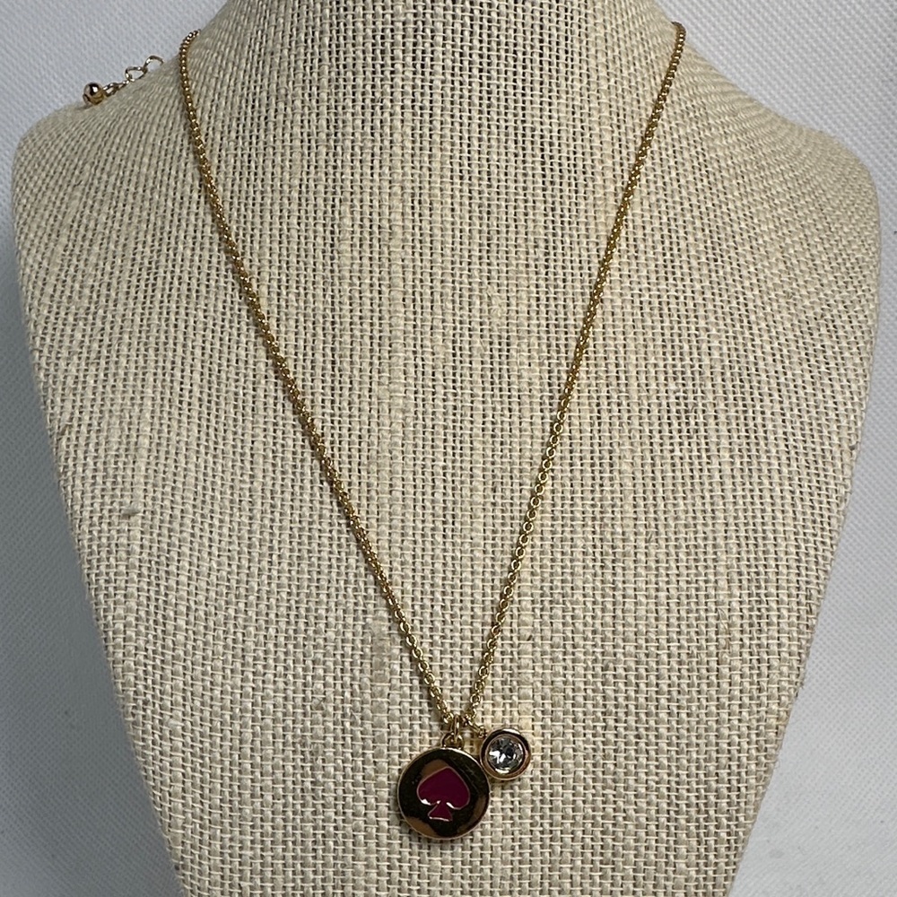 Kate Spade Gold Necklace with Red Spade & Crystal Charm – 16.5” with 3” Extender